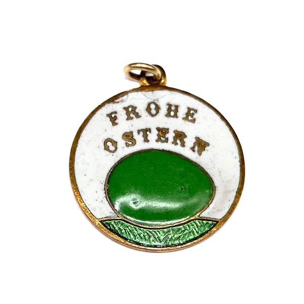 Charme Frohe Ostern/Joyeuses Pâques émaillé antique allemand inhabituel, pendentif oeuf émaillé vert et blanc Allemagne victorien édouardien aux années 1930