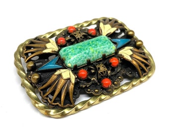 ¿Impresionante Neiger? Broche de renacimiento egipcio checo, vintage antiguo de los años 1920 de la década de 1930, vidrio de arte en flor de loto, color coral y jade, esmalte firmado Deco