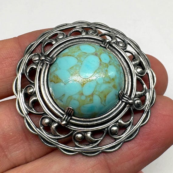 1940s Victorian Revival Sterling Silver Blue Art Glass Scroll Brooch Pin, Vintage 40s Retro Trend Wedding Jewelry Gift Easter Egg Cabochon View 5
