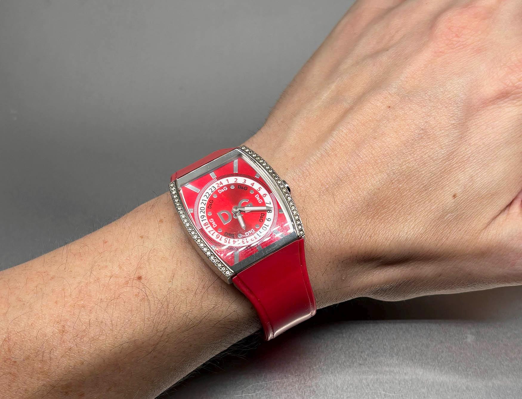 D&G Silver Stainless Steel Crystal Bezel Watch with Red Logo Accents D&G Dolce Gabbana Time Swarovski Chic Ladies Watch Stainless  main image 2