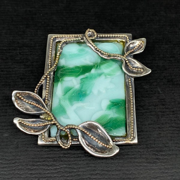 NYC Artist Signed Sterling 14K Gold Jade Green Czech Peking Glass Brooch Pin, Studio Artisan Modernist OOAK Art Deco Revival 1980s Jewelry