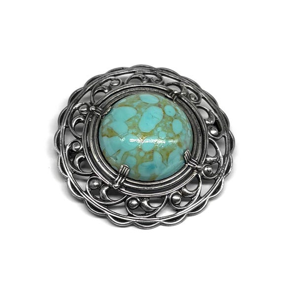 1940s Victorian Revival Sterling Silver Blue Art Glass Scroll Brooch Pin, Vintage 40s Retro Trend Wedding Jewelry Gift Easter Egg Cabochon