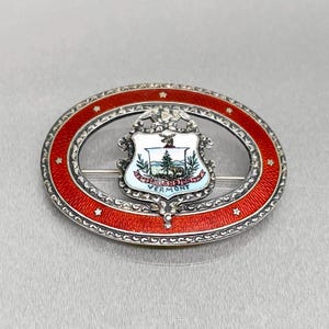 Op de afbeelding: Ovale Vermont staatsspeld met een rode emaille rand en een centraal schildontwerp. Het schild toont een landschapsscène en het woord "VERMONT". De speld heeft een zilverkleurige afwerking en een speldrug.