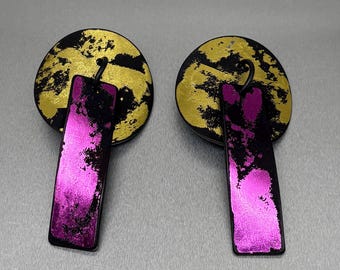 Superb Caroline BROADHEAD & Nuala JAMISON Postmoderne Foiled Acrylic Plexiglas Lucite Geometrische Ohrringe, Statement Avantgarde 1980er Jahre Ungewöhnlich