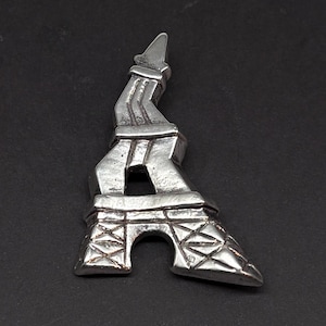 French Signed ZIGZAG EIFFEL TOWER Brooch Pin, Vintage F. Volle Designer Couture Avant Garde Modernist Paris France Unusual Silver Tone 1990s