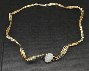 Stunning Signed Sterling Opal Emerald Choker Neck Ring Necklace, Vintage Artisan 14k Gold Vermeil Silver May October Birthstone Modernist
