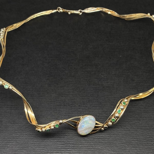 Stunning Signed Sterling Opal Emerald Choker Neck Ring Necklace, Vintage Artisan 14k Gold Vermeil Silver May October Birthstone Modernist