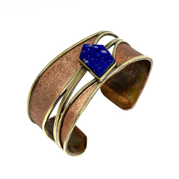 Beautiful 70s Artisan Mixed Metals & Lapis Lazuli Cuff Bracelet OOAK Modernist Handmade Brass Copper Sculptural Studio Jewelry Mens Unisex
