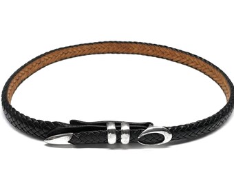 Jaren '90 Larry Knapp Sterling Gevlochten Lederen Riem, 29 inch, Zuidwest Zuidwest Zilver Modernistische Ambachtelijke Unisex Skinny Breedte Ondertekende Sieraden