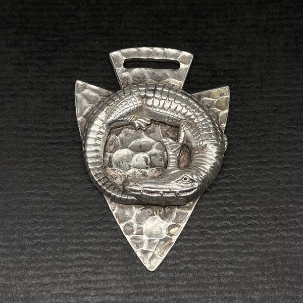 Antique c1900 Alligator & Arrowhead Watch Fob Pendant Amulet Talisman Victorian Edwardian Florida Souvenir Men's Animal Jewelry Silver Color