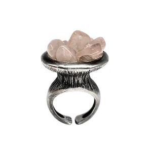 RARE 1970s S&#39;Paliu Modernist Spore Ring, Vintage Spanish Sterling Silver Rose Quartz Abstract Sculptural Brutalist Statement Jewelry Size 5
