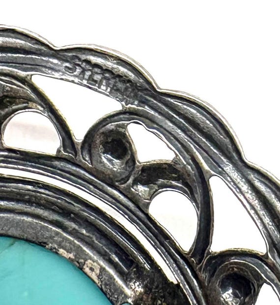 1940s Victorian Revival Sterling Silver Blue Art Glass Scroll Brooch Pin, Vintage 40s Retro Trend Wedding Jewelry Gift Easter Egg Cabochon View 2