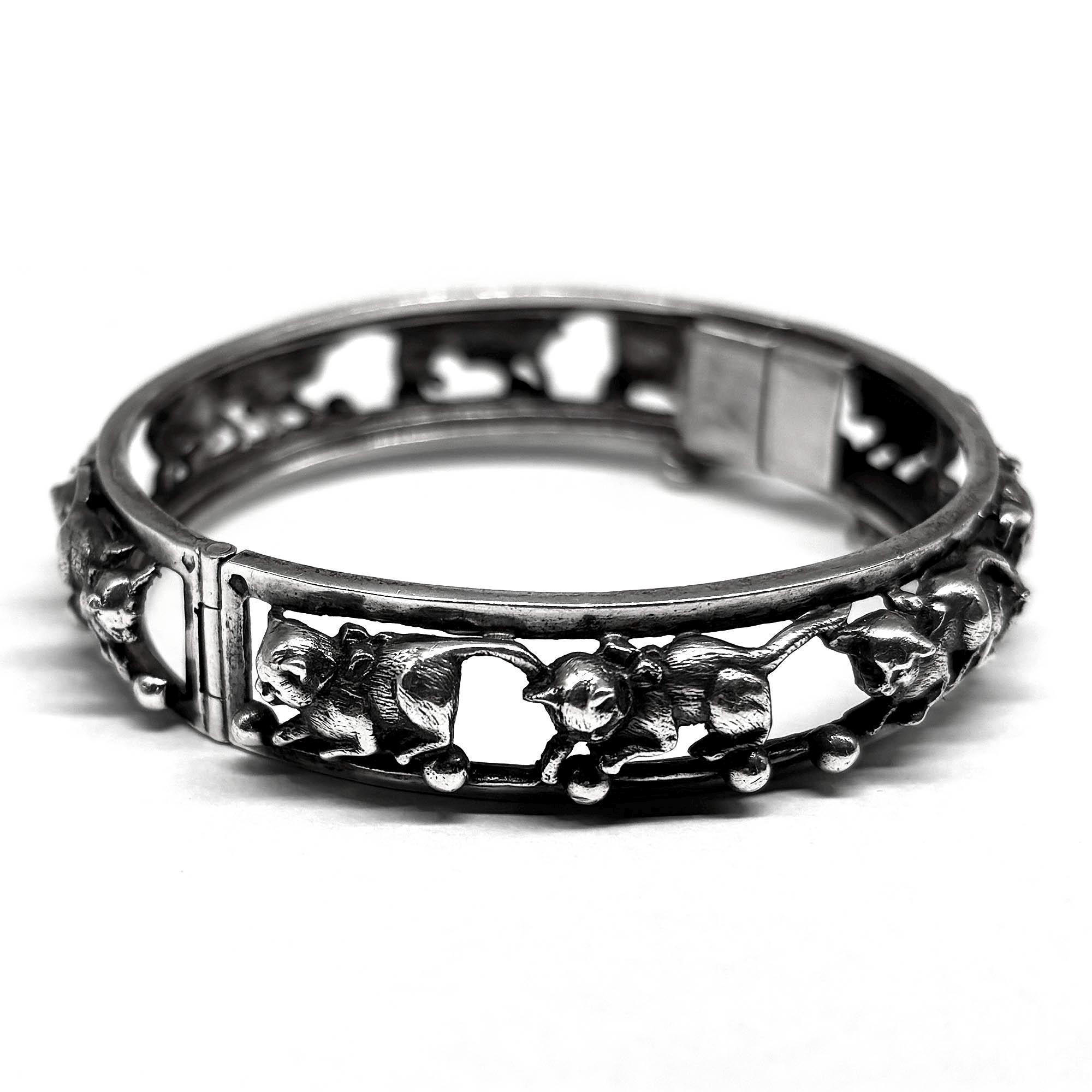 Exquisite Antique French 800 Silver Cat Bangle Bracelet, Vintage