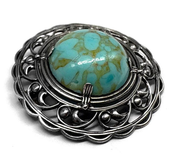 1940s Victorian Revival Sterling Silver Blue Art Glass Scroll Brooch Pin, Vintage 40s Retro Trend Wedding Jewelry Gift Easter Egg Cabochon View 4