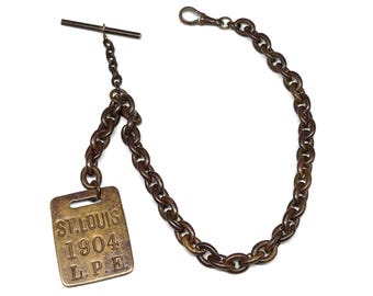 1904 St. Louis Weltausstellung Louisiana Kauf Ausstellung Uhrenanhänger & Weste Kette, Antique Edwardian Schöne Patina Herren Schmuck Anhänger Geschenk