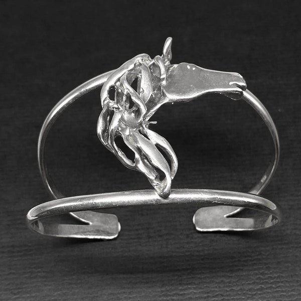 Sculptural Sterling Horse Head Cuff Bracelet, Size Large, Vintage Artisan Studio Handmade Equestrian Lovers Gift Mens Unisex Southwestern