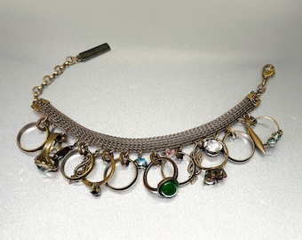 Vintage signiert JAN MICHAHELS Ring Bettelarmband, 90er Jahre San Francisco Designer Artisan Victorian Revival Solitaire Signet Antik Bronze-Finish