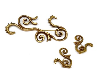 Prachtige jaren '50 Franse bronzen Doré Demi Parure oorbellen broche, vintage Couture barokke Barocco antieke scroll gouden sieraden niet ondertekend ontwerper