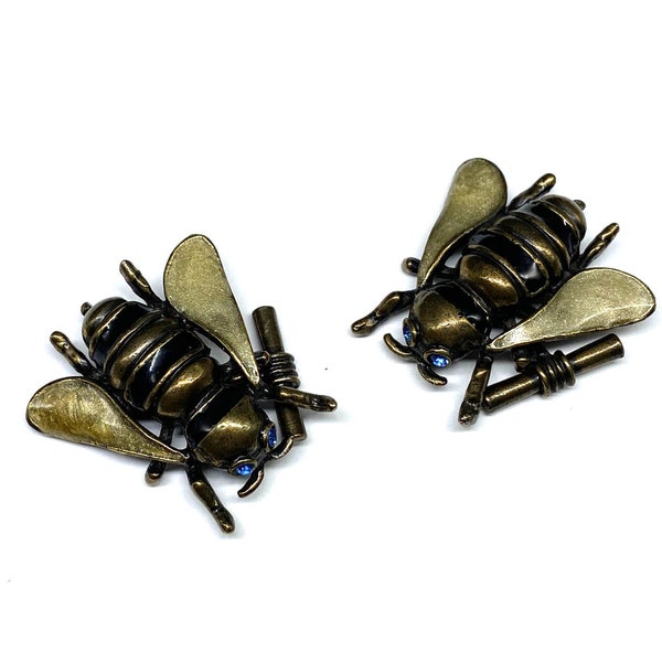 BIG Vintage Enamel Bee Cufflinks, Retro Bronze Crystal Insect Bug Men's Jewelry Father's Day Gift Jay Strongwater Designer Style Statement