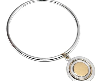 70er Jahre Designer Sterling BULLSEYE Charm Armreif, Vintage 1970er 1980er Jahre signiert M & J Savitt NYC Silber 14K Geometric Mod Pierre Cardin Ära