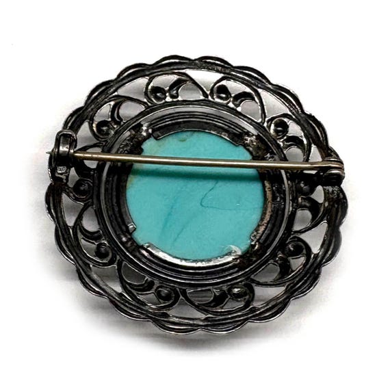 1940s Victorian Revival Sterling Silver Blue Art Glass Scroll Brooch Pin, Vintage 40s Retro Trend Wedding Jewelry Gift Easter Egg Cabochon View 3