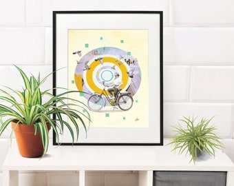 The cyclist vintage Art Print - 4 sizes - 5 X 7 - 8 X 10 - 11 X 14 - 16 X 20 - Collage art - Bicycle Art -  High Quality Print - Wall decor