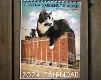 GIANT CAT Calendar / 8.5 by 11 inches / French and English  - 12 original collages / Fun and whimsical / Vertical Calendar / Ready to hang