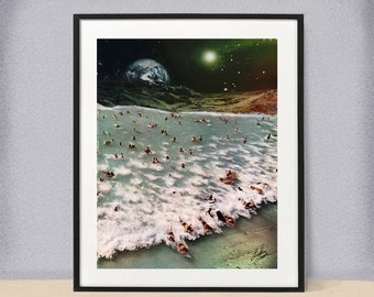 Moon Surfing - Vintage Art Print - Collage - Wall Decor - 5 X 7 - 8 X 10 - 11 X 14 - High Quality