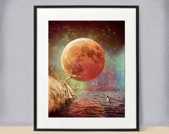 Collage art Print - Red Moon - vintage collage - 4 sizes - 5 X 7 - 8 X 10 - 11 X 14- 16 X 20 - High Quality art Print - Wall decor