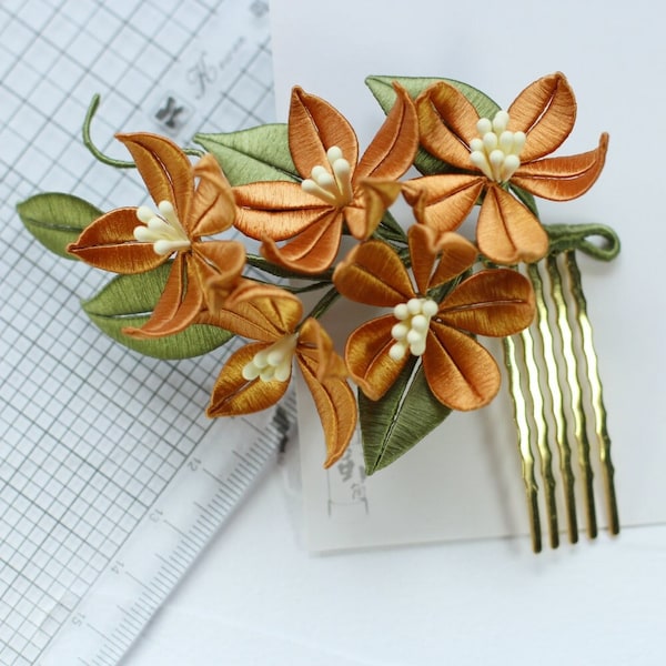 Silk Art Accessories- Orange Flowers with Leaves Hairfork - Delightful Unique Flora Silk Wrapping Hair clip