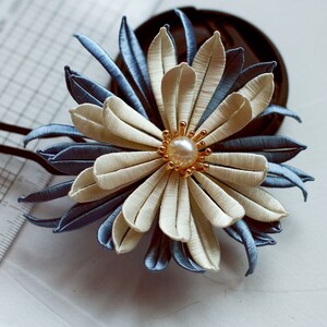 Silk Art Accessories- gorgeous blue and cornsilk chrysanthemum hair fork- Chinese Hanfu Silk Wrapping Hair fork wedding hairclip