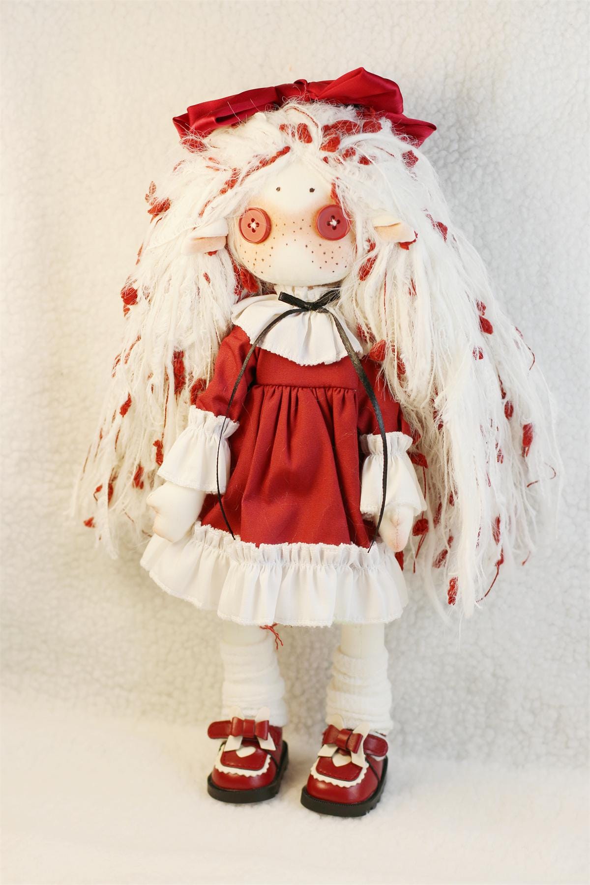 Freckled Ragdoll: Red & White Country Doll With Button Eyes