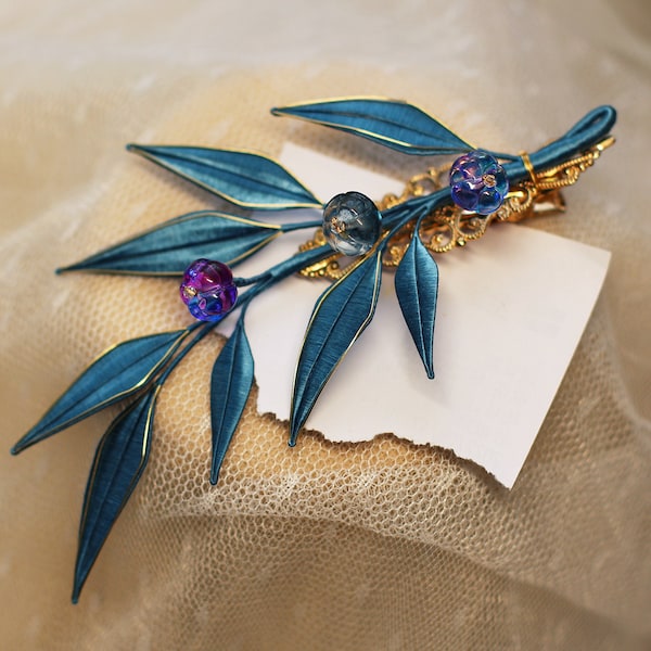 Silk Art Accessories - Peacock color Elegant Leaves Hairclip - Chinese Hanfu Hairclip deep blue green Niche Design Handmade Jewelry Gift
