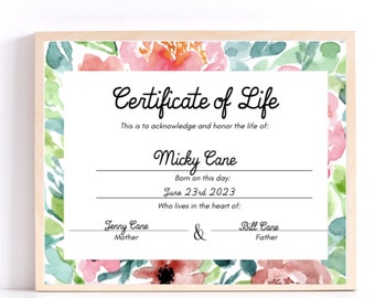 Certificate of life- miscarriage gift, stillbirth gift, personalized miscarriage keepsake, pregnancy loss gift, bereavement gift,infant loss