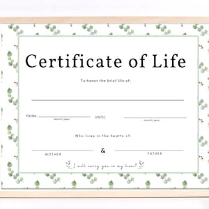 Certificate of life For pregnancy loss Printable, miscarriage gift, miscarriage wall art, miscarriage printable image 1