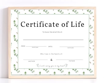 Certificaat van leven- Voor zwangerschapsverlies (afdrukbaar}, miskraam cadeau, kunst aan de muur miskraam, afdrukbare miskraam