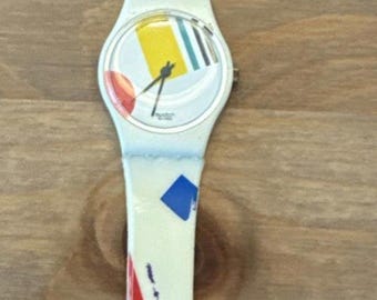 Swatch Vintage 1986 Swiss Made Quartz Wristwatch Abstract Multicolor Ladies