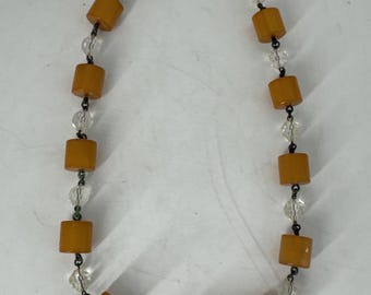 Vintage Art Deco Butterscotch Bakelite Rock Crystal Beaded 18” Necklace Tested