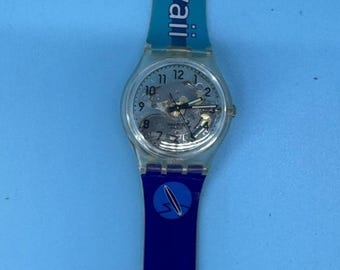 VTG 1994 Swatch Watch “Hawaii” Blue Surf Strap Clear Skeleton Dial New Battery