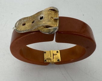 Art Deco Era Butterscotch Bakelite Clamper Hinge Bracelet w/ Gilt Buckle Vintage