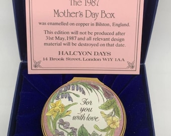 Halcyon Days Mother's Day 1987 Enamel Trinket Pill Box W/ coa & Presentation Box