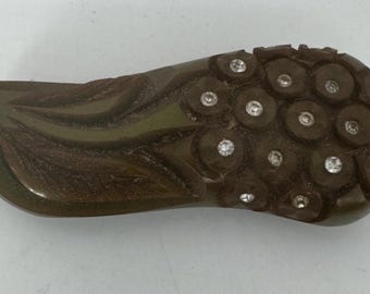 Vintage Deeply Carved Floral Leaves Green Brown Bakelite Dress Clip w/Rhinestone