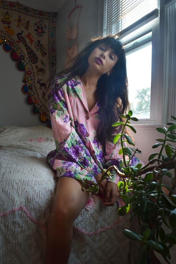 1940s Seersucker Artist Smock. Pink with Purple Ro