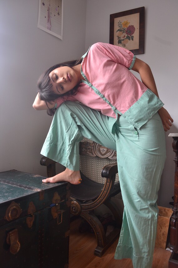 1920s Linen Sherbet Beach Pajamas Pastel Pink and