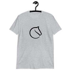 May include: A heather grey t-shirt with a black outline of a horse's head in a circle.