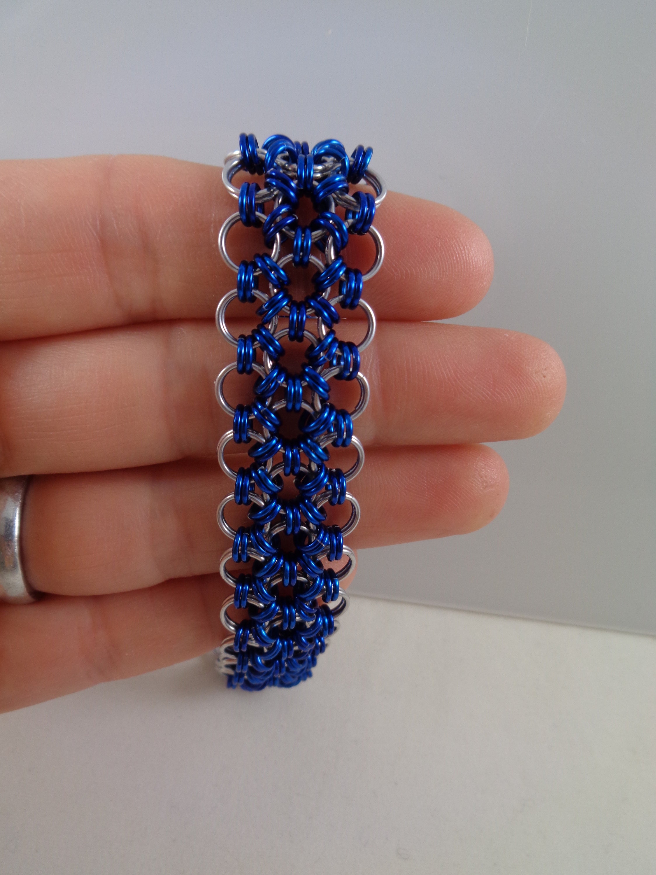 Japanese 12 in 2 Chainmail Bracelet; Blue & Silver Chain Mail Bracelet ...