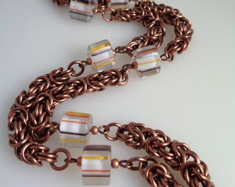Long Non-Tarnish Antique Copper Byzantine Chainmail Necklace with Cane Glass Beads, Chainmaille Necklace, Chain Mail Necklace