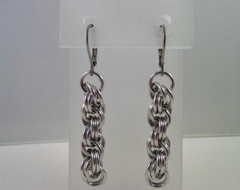 Silver Double Spiral Chainmail Earrings, Aluminum Chainmaille Earrings, Chain Maille Earrings, Silver Chain Mail Earrings