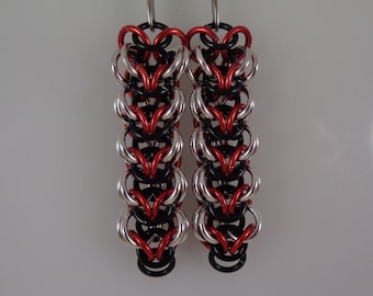 Elf Weave Chainmail Earrings; Silver, Black and Red Elfweave Chainmaille Earrings