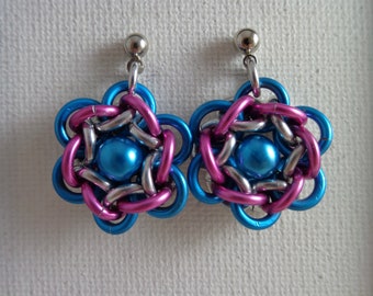 Jens Pind Linkage Flower Chainmail Earrings; Turquoise Pink and Silver Chain Mail Earrings; JPL Chain Maille Earrings